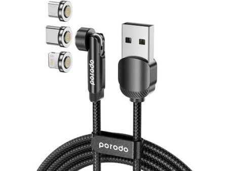 Porodo 3in1 Rotating Connector Braided Magnetic Cable - Lightning   Type-C   Micro USB   1Meter - Black Discount