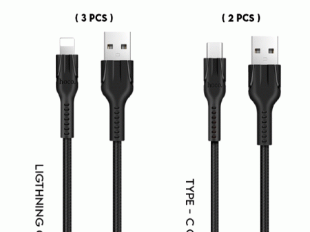 Hoco X20 Flash Charging Data Cable - 2 Meter   Type-C (2 PCs)   Lightning - (3 PCs)   Black   Pack Of 5 Cheap