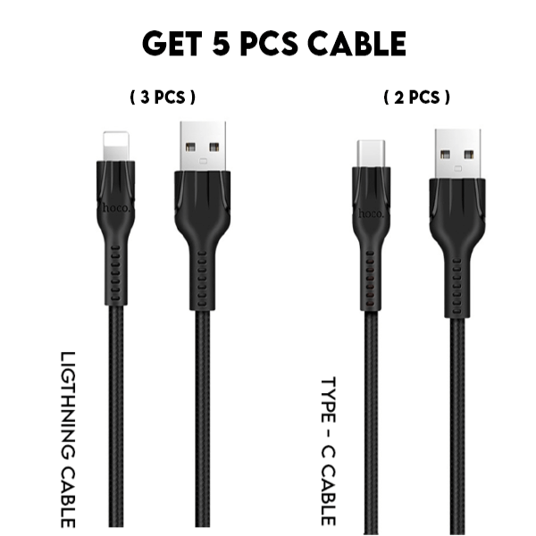 Hoco X20 Flash Charging Data Cable - 2 Meter   Type-C (2 PCs)   Lightning - (3 PCs)   Black   Pack Of 5 Cheap